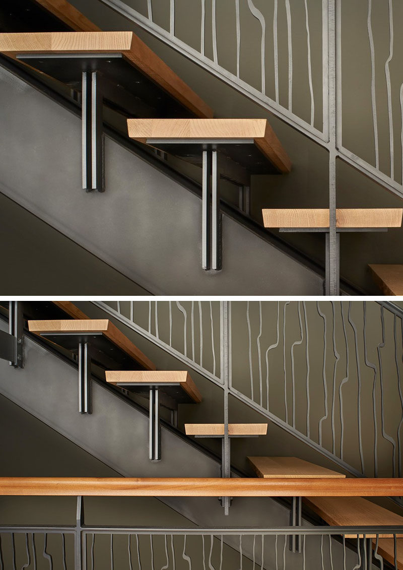 18 Examples Of Stair Details To Inspire You // These wood and steel stairs have an artistic water cut steel guard rail.