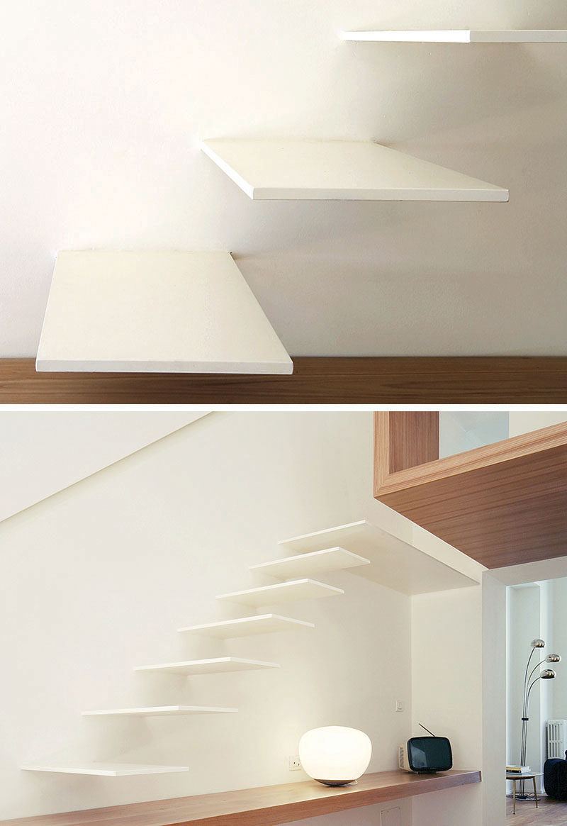 18 Examples Of Stair Details To Inspire You // These minimalist white floating stairs include a wooden step, which extends to become a desk.