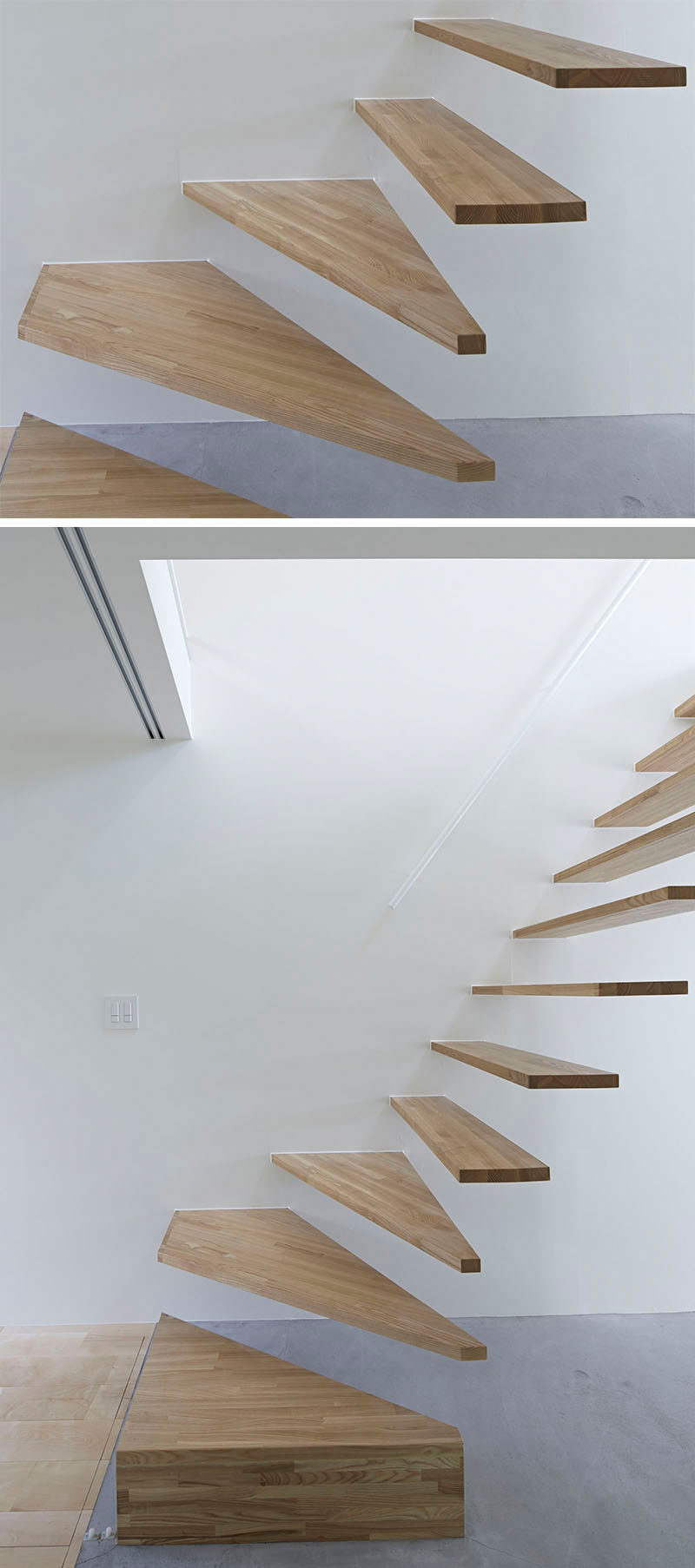 18 Examples Of Stair Details To Inspire You // These light wood floating stairs break up the white walls and concrete floor.