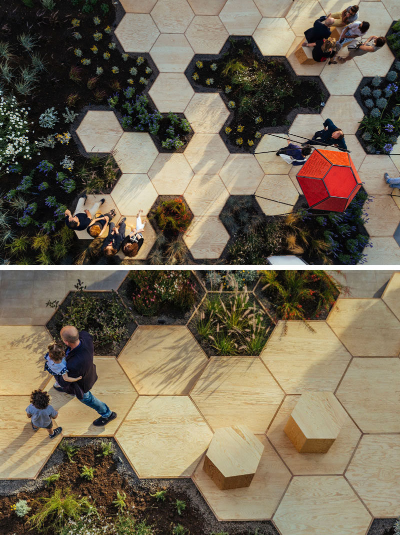 This urban garden, named Zighizaghi, is a multi-sensory garden made of two levels, a horizontal level, the hexagonal floor and seating area, and a vertical level, the lighting and sound systems. There's also numerous plants included in the design, like lemon trees and lavender.
