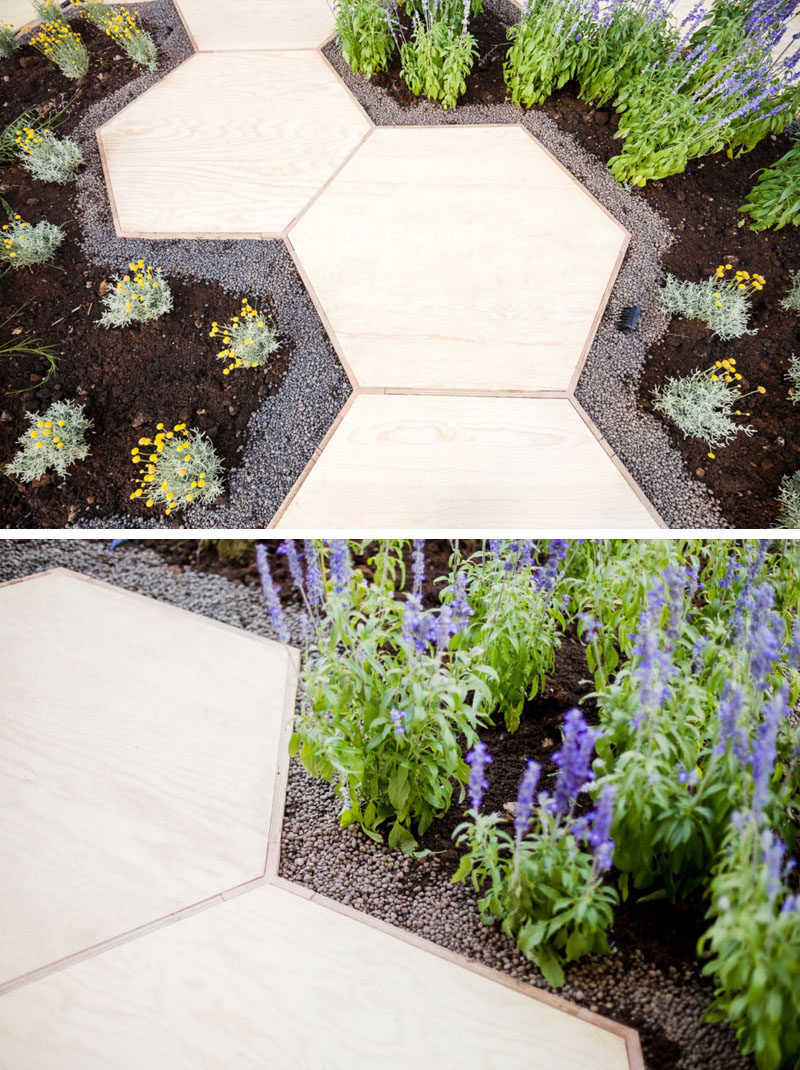 This urban garden, named Zighizaghi, is a multi-sensory garden made of two levels, a horizontal level, the hexagonal floor and seating area, and a vertical level, the lighting and sound systems. There's also numerous plants included in the design, like lemon trees and lavender.