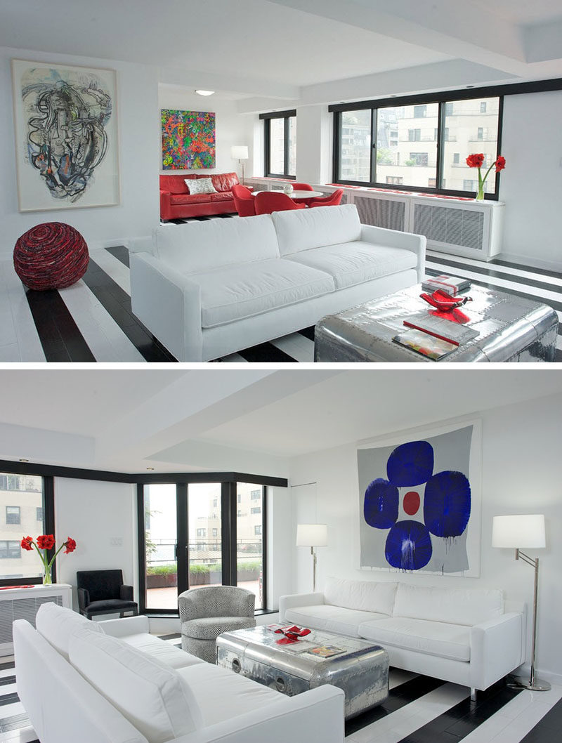 7 Examples Of Striped Floors In Contemporary Homes // Glossy black and white paint on the wood panels of this floor create a cohesive look for this apartment.