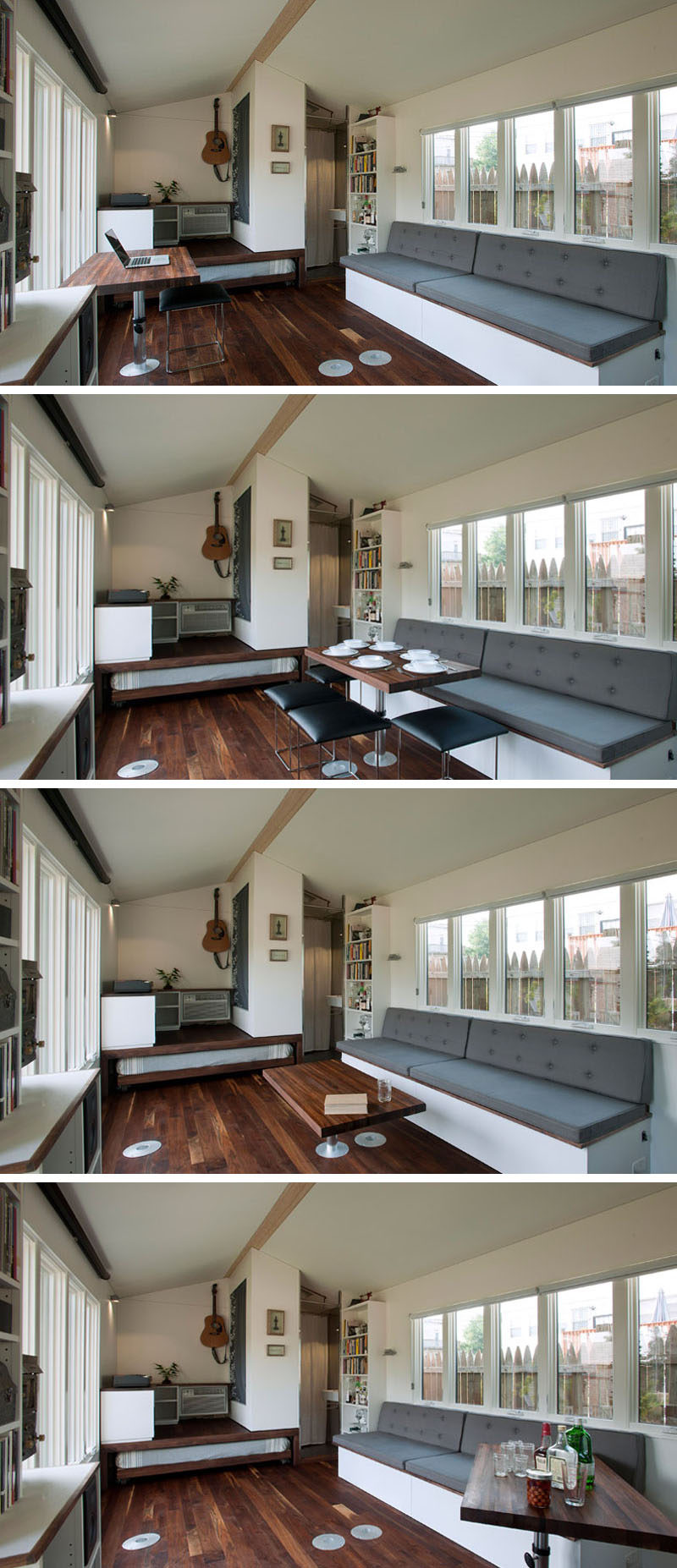 This tiny house living room has a table that can be moved around when it needs to be used for a different task. Here you can see it being used as a desk, dining table, coffee table and a bar. There's also a small music studio area tucked away in the corner.