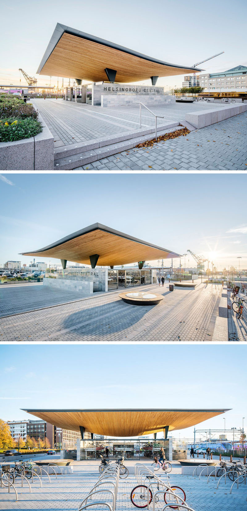 This Swedish train station has a sculptural timber roof positioned on two slate-clad wall plates, and simple glass panels have been used as protection from the elements.