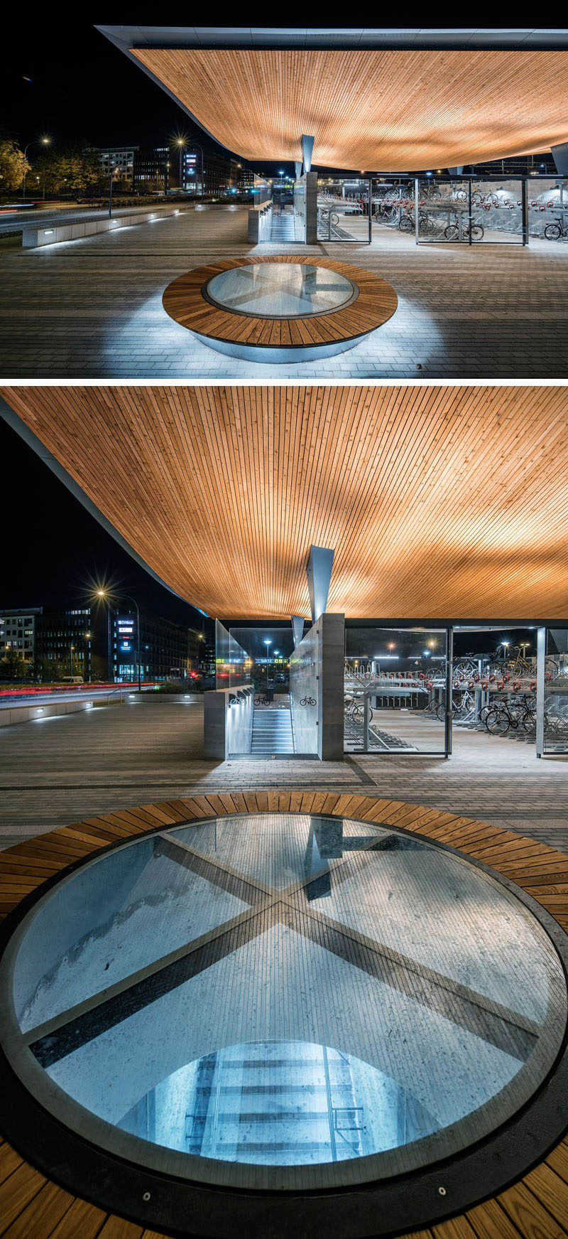 At this new train station in Sweden, two existing emergency stairways were torn down in the transformation, and the shafts were turned into seating with skylights in the middle, allowing the daylight to shine onto the platforms below.