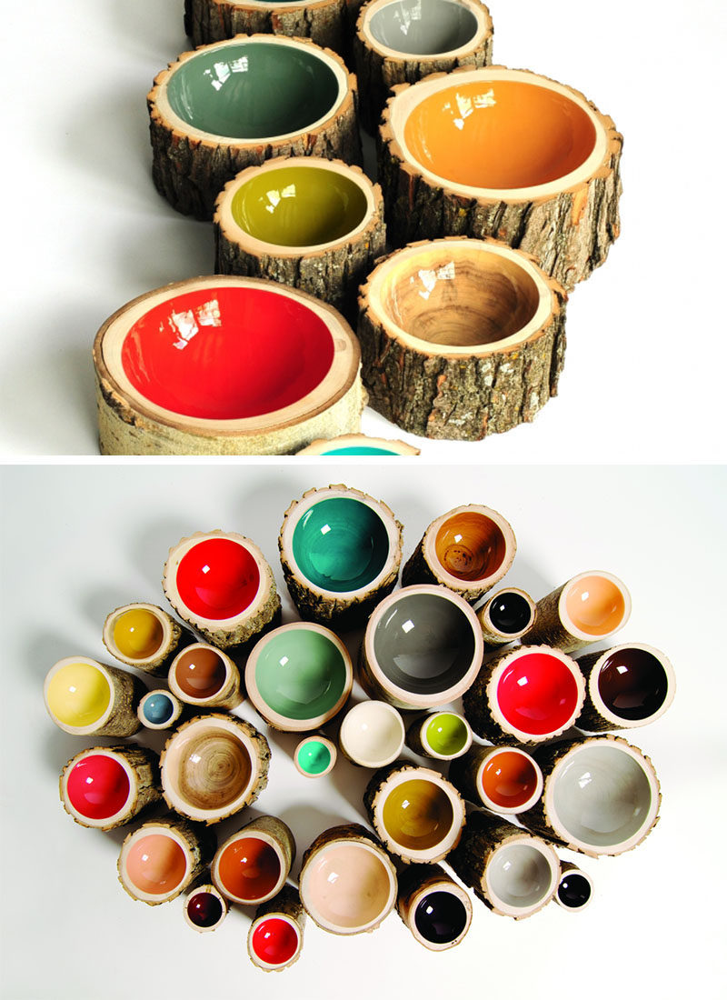 9 Ideas For Including Tree Stumps In Your Home Decor // These colorful bowls are made from reclaimed trees that have either fallen on their own or been cut down due to infrastructure, and have then been turned and finished by the Loyal Loot.