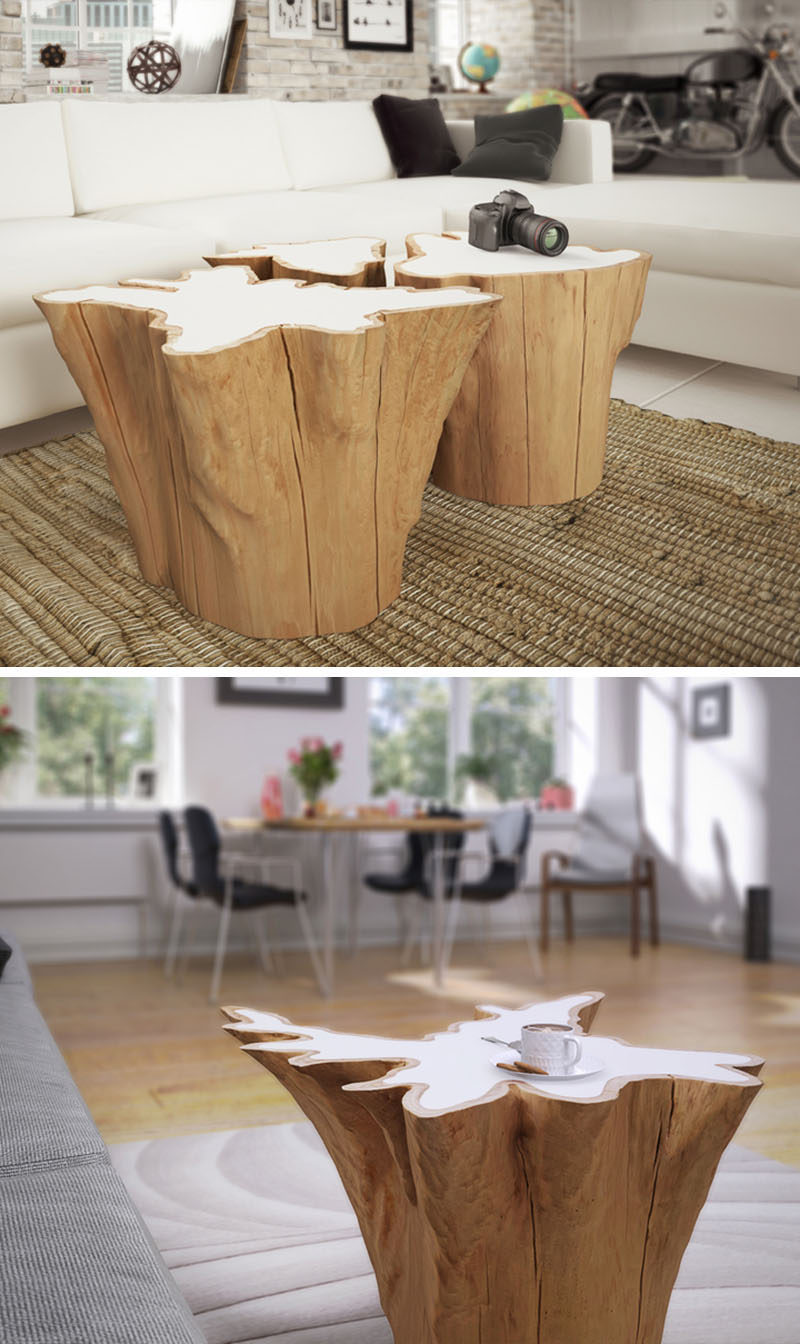 9 Ideas For Including Tree Stumps In Your Home Decor // These coffee tables are made from salvaged western red cedar and organic resin to give the old wood a new modern twist.