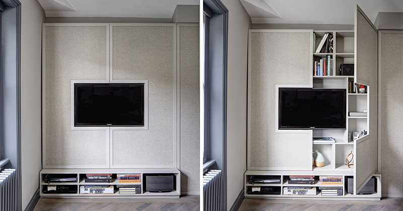 TV Wall Design Idea - Hide Shelves With Large Custom-Made Cabinet Doors