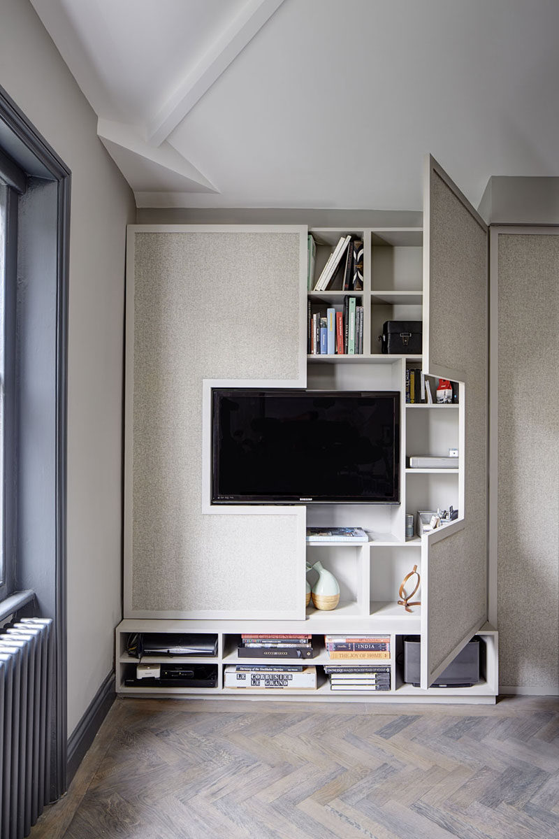 TV Wall Design Idea - Hide Shelves With Large Custom-Made Cabinet Doors