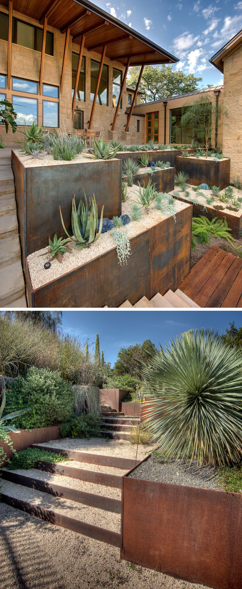 9 Ideas For Including Weathering Steel Planters In Your Garden // The use of succulents and other desert plants in these weathered steel planters create a low maintenance garden that looks good all year round. #SteelGardenPlanters #WeatheredSteelPlanters #CortenSteelPlanters #Landscaping #GardenIdeas #PlanterIdeas