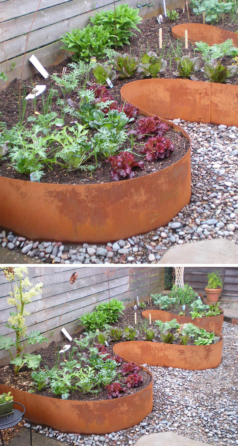 9 Ideas For Including Weathering Steel Planters In Your Garden // These planters made from curved sheets of weathered steel, add dimension and create extra space for more plants without being boxy.  #SteelGardenPlanters #WeatheredSteelPlanters #CortenSteelPlanters #Landscaping #GardenIdeas #PlanterIdeas