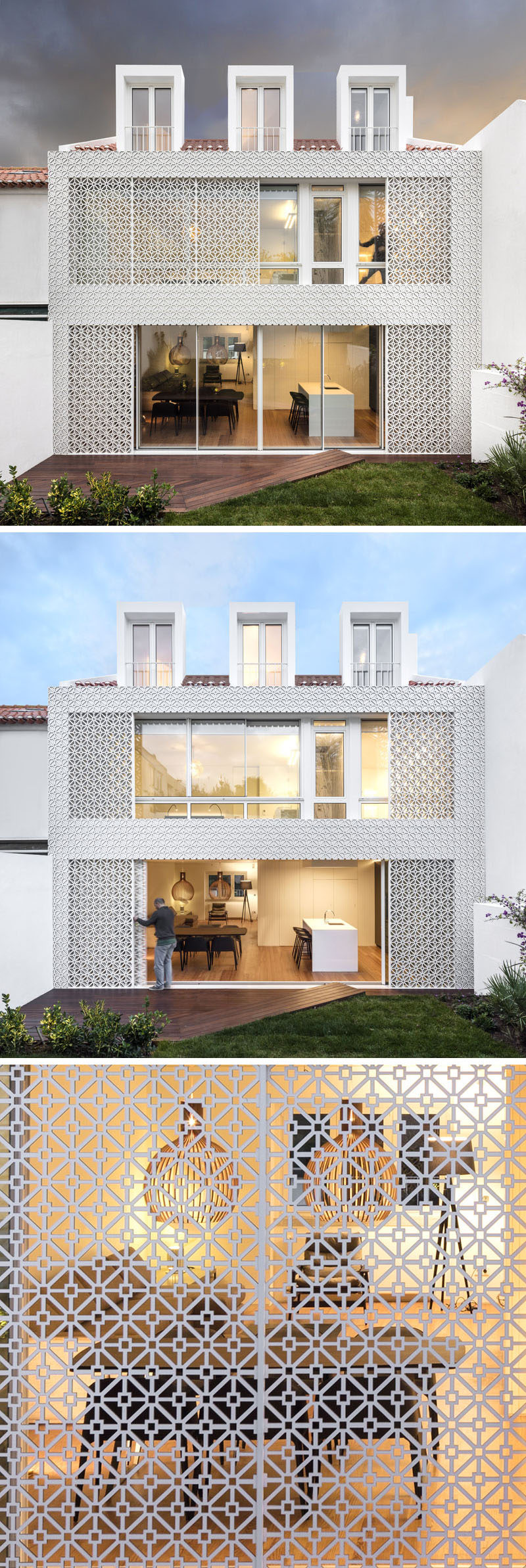 The rear of this house is covered in a white artistic screen inspired by traditional Portuguese tiles, to allow sunlight to filter through to the interior of the home and to provide added security.