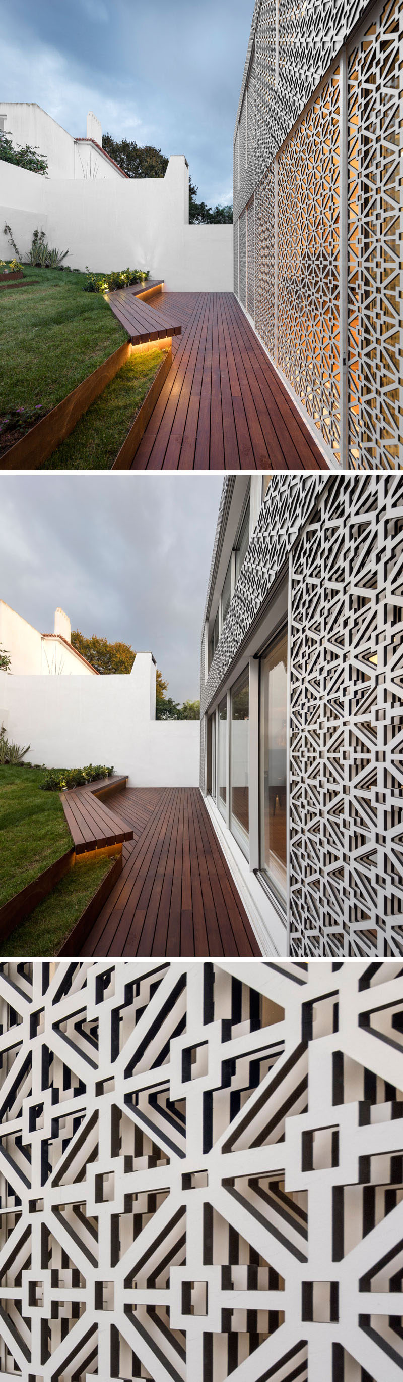 The rear of this house is covered in a white artistic screen inspired by traditional Portuguese tiles, to allow sunlight to filter through to the interior of the home and to provide added security.