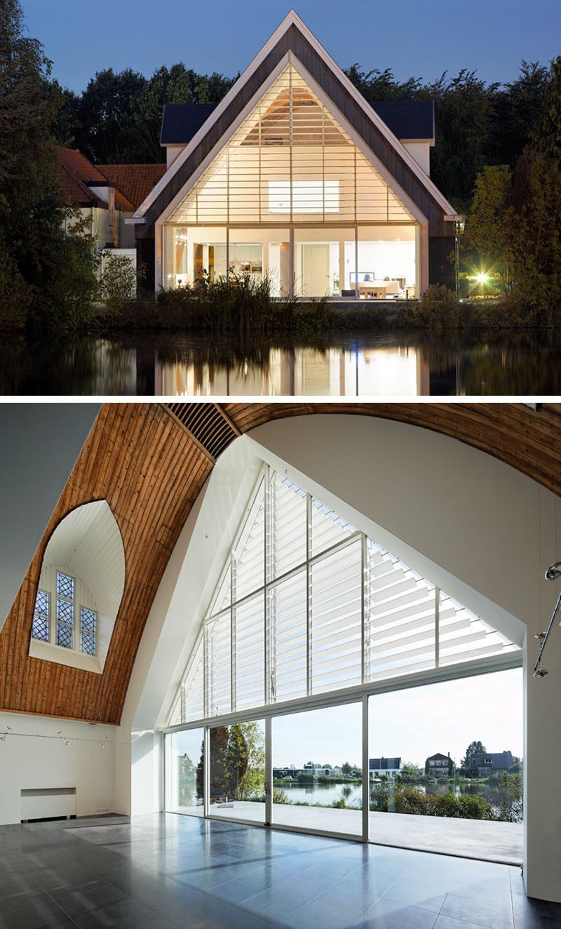 15 Awesome Examples Where Windows Follow The Roofline // In the redesign of this church-turned-home, the back wall was taken out and replaced with an entire window that follows the roof line all the way to the bottom of the house.