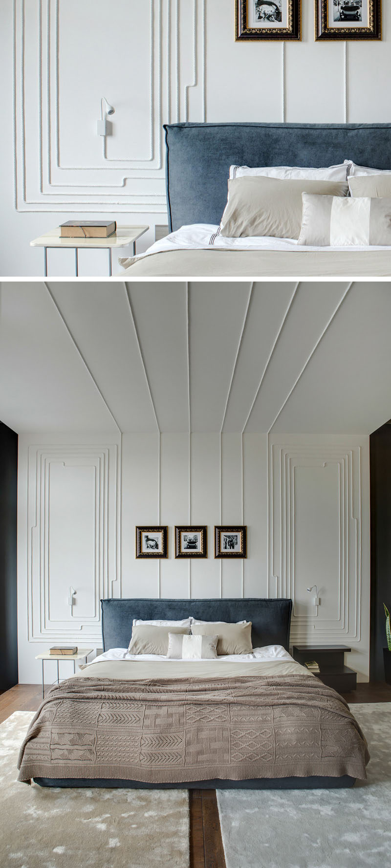 Electrical cords were used to create an artistic wall in this bedroom.