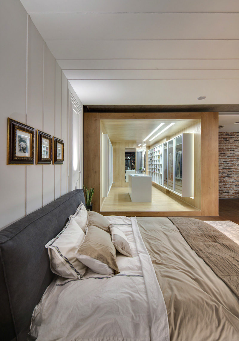 This bedroom created detailing on the wall and ceiling using electrical cord.