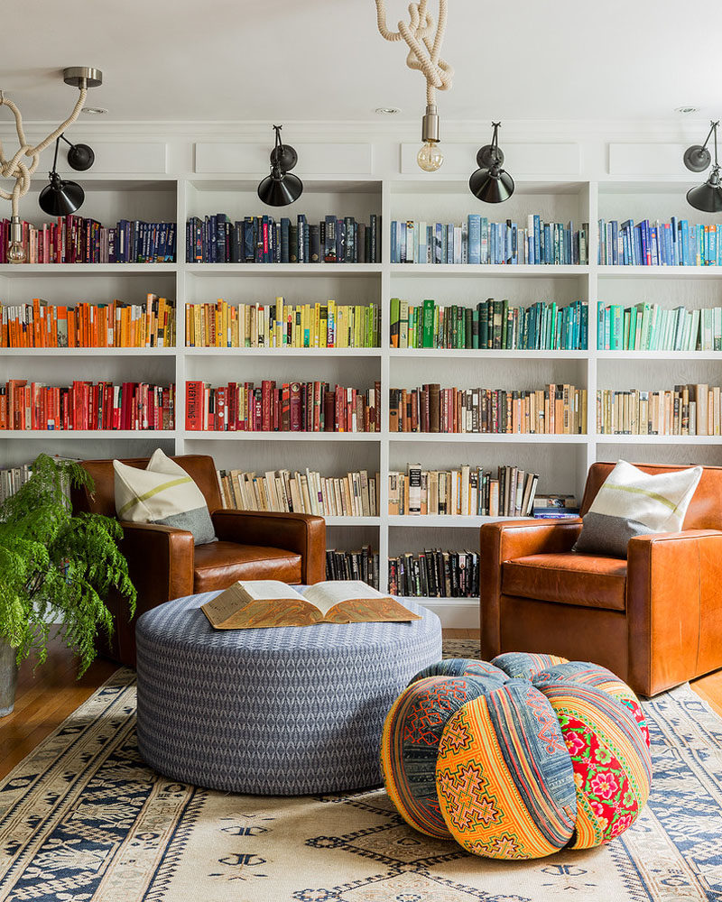 9 Ideas for Creating a Stylish Bookshelf // Color blocking --- If you have lots of books, chances are you'll be able to sort them into colors. Arrange them on your shelves in their groups of colors and you'll have a creative display that will inspire all who visit to pick up a book and start reading.