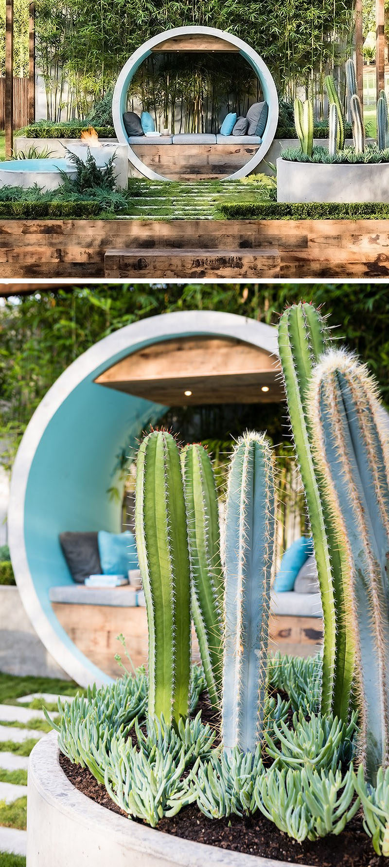 10 Inspirational Ideas For Including Custom Concrete Planters In Your Yard // Concrete pipes were used to created designated planters in this garden show entry.