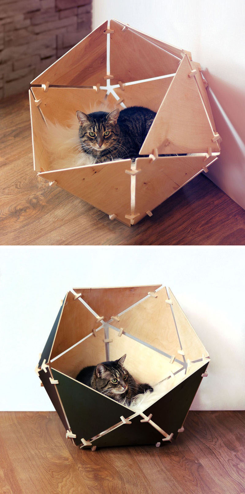 11 Cat Caves That Prove Cat Beds Can Be Stylish // Line this wood paneled geometric bed with a cozy blanket or pillow and create a soft, warm spot that your cat will be happy to take cat-nap in.