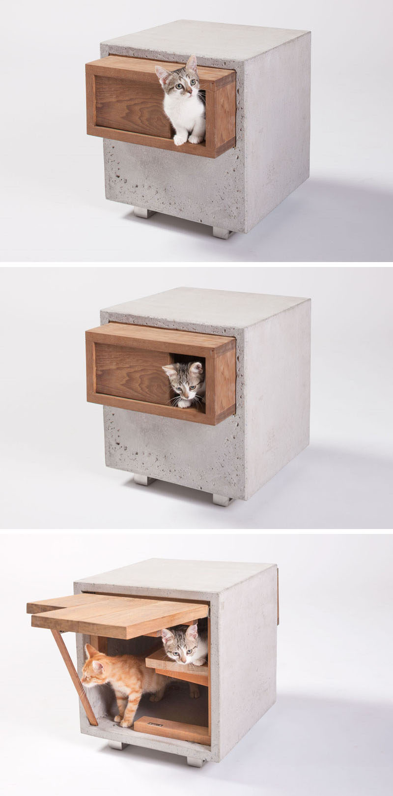 11 Cat Caves That Prove Cat Beds Can Be Stylish // This concrete and wood side table also doubles as a place for your cats to hang out in, sleep in, or play in.