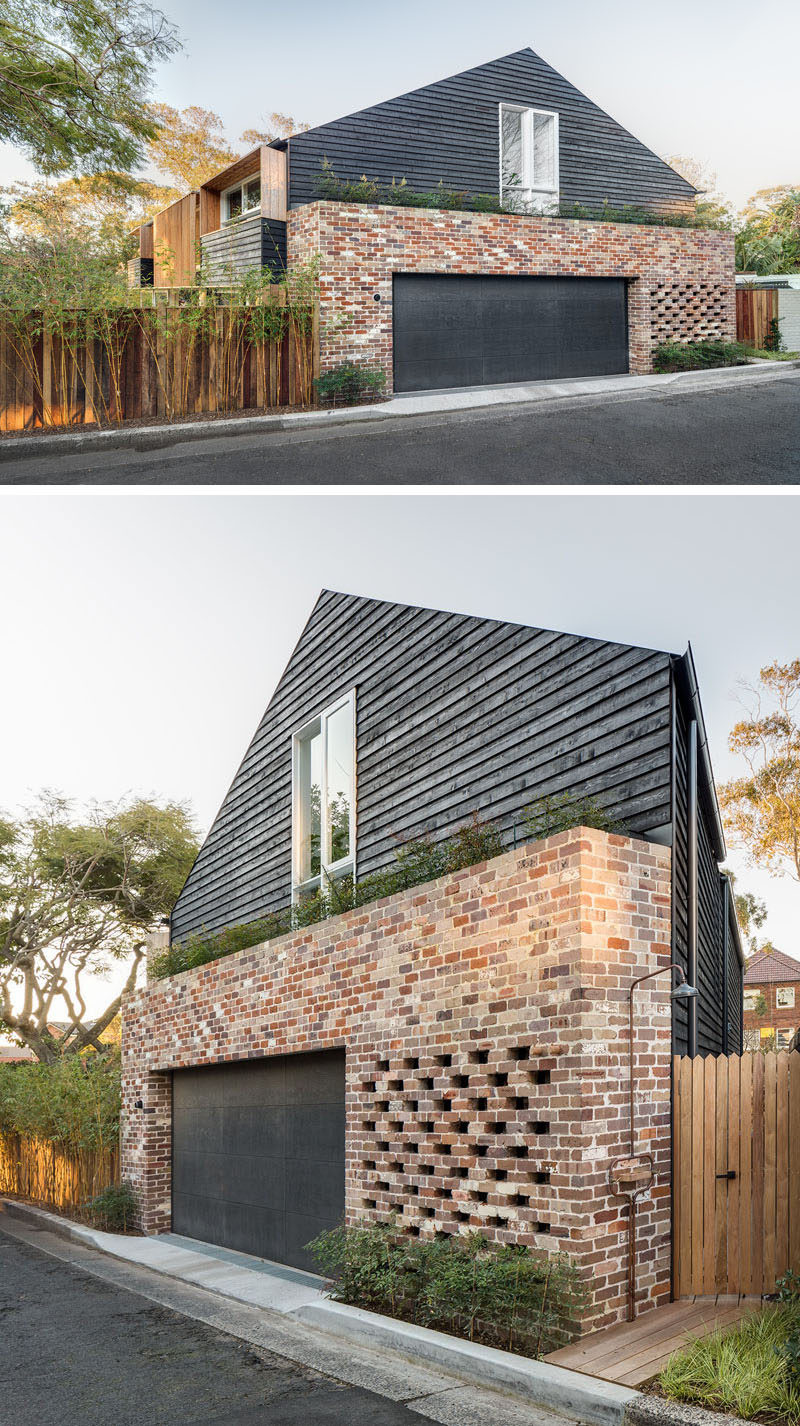 This Australian home has a garage that is surrounded by recycled brick.