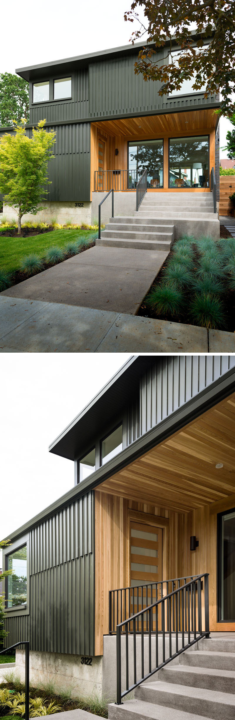 The siding of this home has been painted a rich dark green, and the recessed entry to the home is highlighted by clear cedar lining. Two floor-to-ceiling windows face the street, with the front door position to the side, allowing for space for a porch.