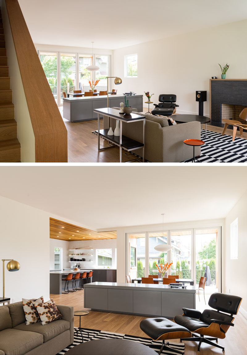 In this house, the living room and dining area share the space, with a 9-foot long custom cabinet helping to define the living room area from the dining room.