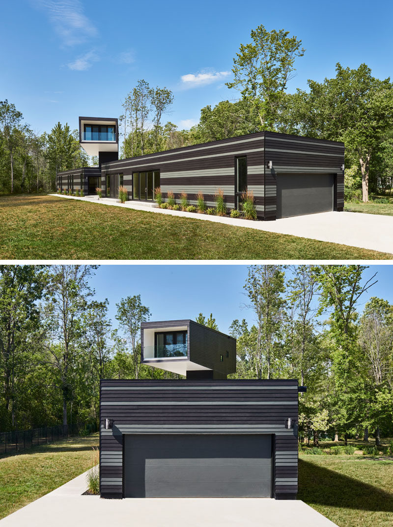 This Canadian home features a master bedroom tower that overlooks a green roof and has views of the lake.