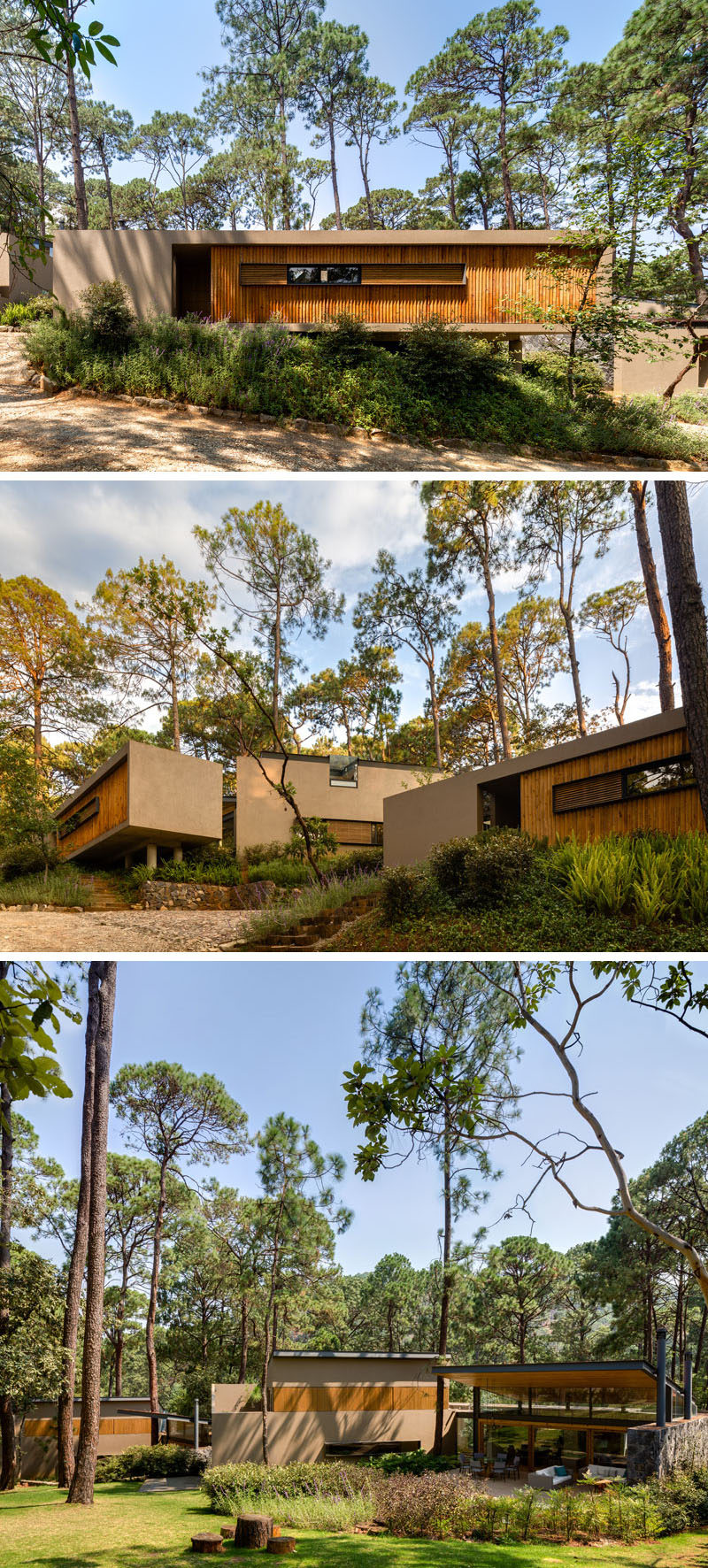This home in Valle de Bravo, Mexico, was designed to allow the home owners to enjoy the tranquility of the surrounding forest of ancient pines and lush vegetation.
