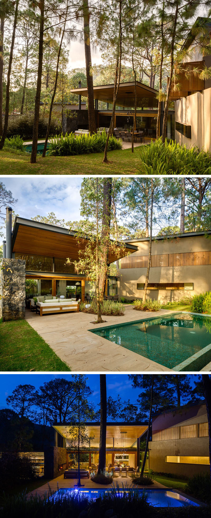 The design and layout of this home creates a sense of privacy, with the adult trees providing shade for the swimming pool and covered patio.