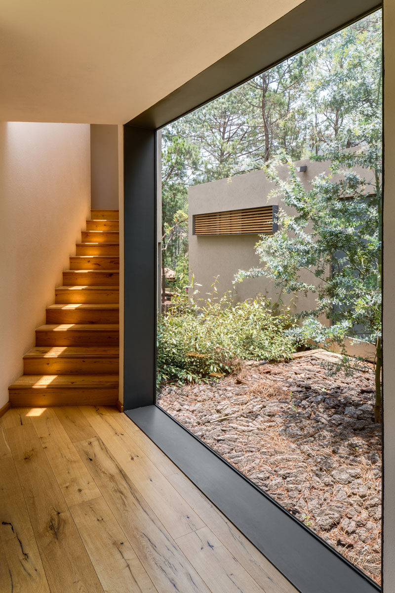 A large floor-to-ceiling window with thick black frames lets plenty of natural light into the home, and views of the trees add to the feeling of being in a forest.