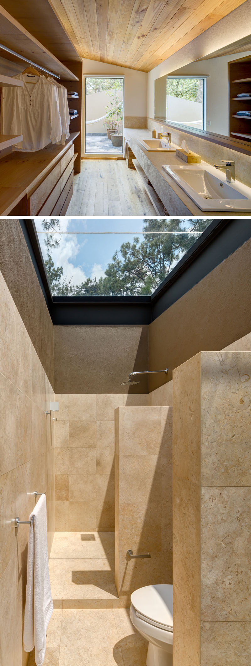 In this bathroom, there's a built-in open wardrobe, and on the opposite wall there's a large mirror with a dual-sink vanity below. A large skylight makes sure the shower and toilet area have views of the trees too.