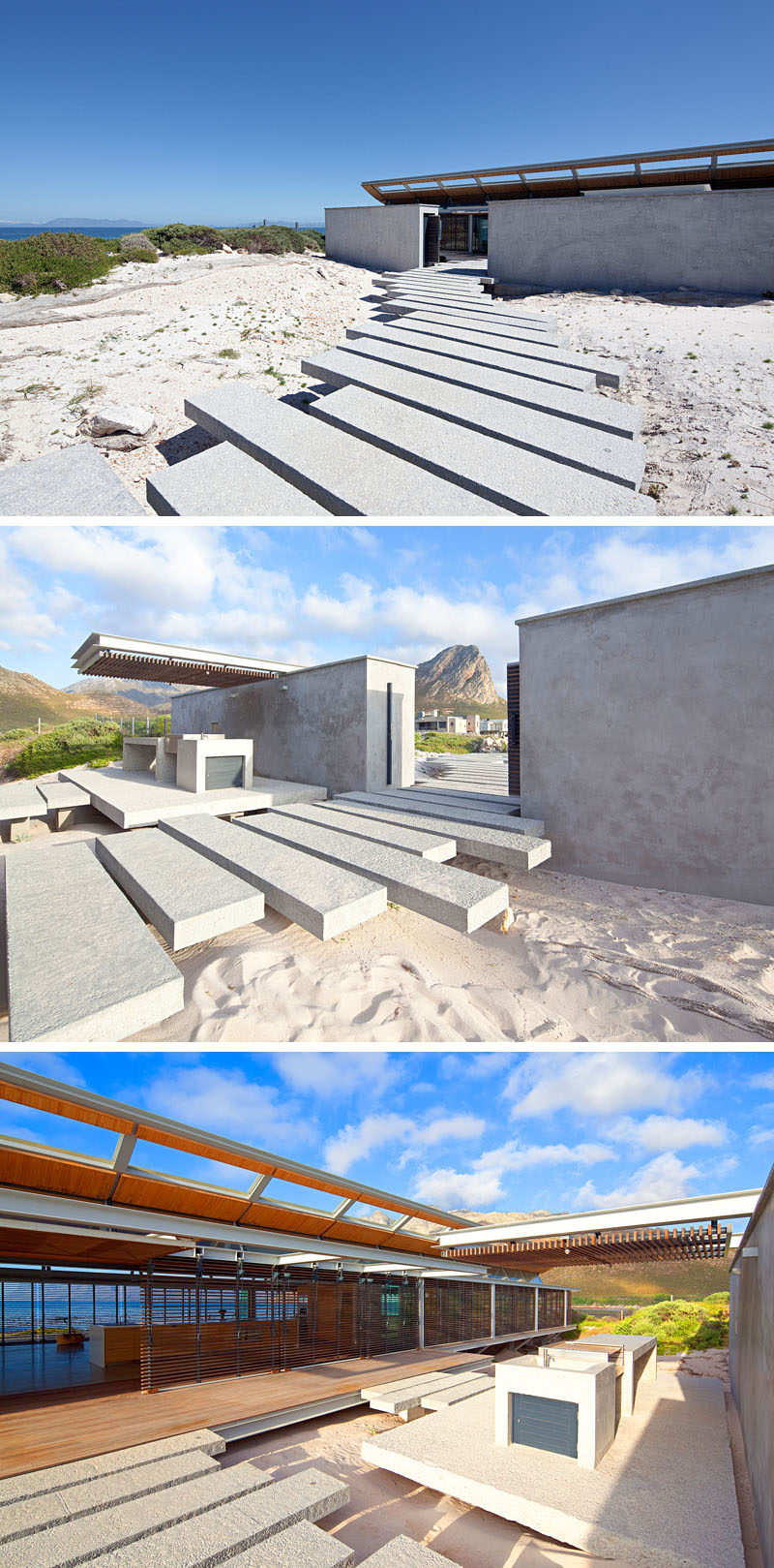 To protect the surrounding nature, this house and pathway was elevated to allow the vegetation to continue to grow underneath them. Upon entering the house, there's a covered outdoor kitchen.