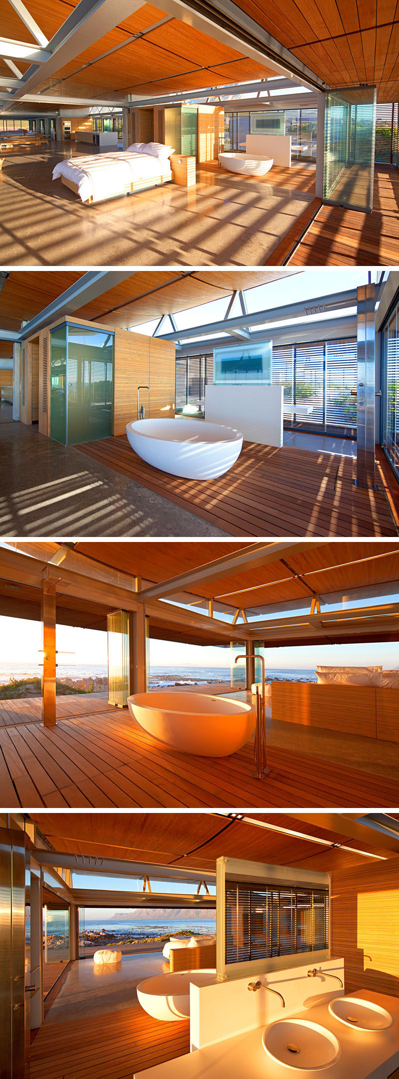 This master suite has a soaker tub positioned behind the bed to take full advantage of the ocean views.