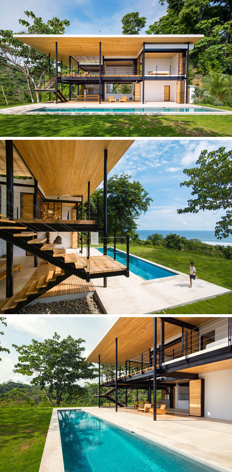 A long swimming pool at the front of this home in Costa Rica, provides a separation from the grassy area.