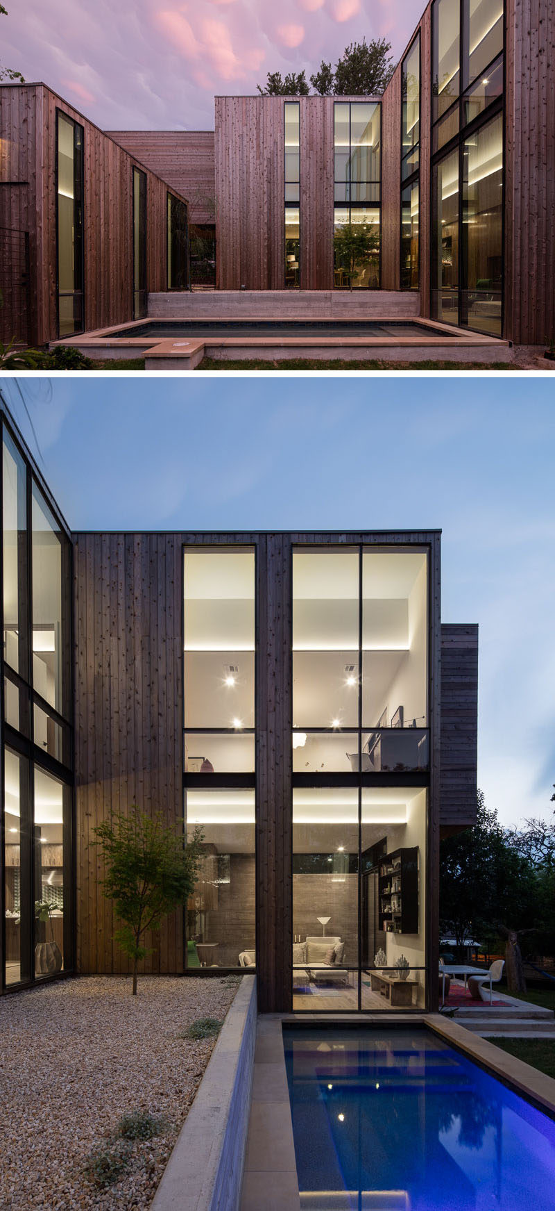 This Texas home has a courtyard with a small swimming pool, and a gravel garden with Japanese maple trees.