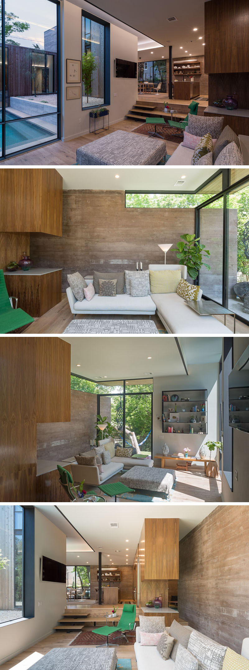 The living room in this Texas home, is stepped down from the kitchen and dining room. It's also positioned to have a view of the swimming pool and garden through the large floor-to-ceiling windows.