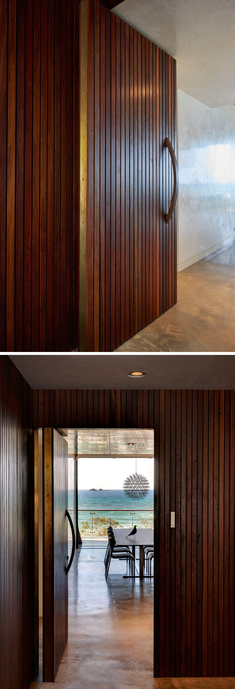 A large wooden door with vertical slats welcomes you to this Australian home.