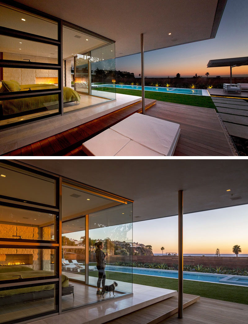 This master suite surrounded by glass is high enough to have a view over the swimming pool and of the ocean.