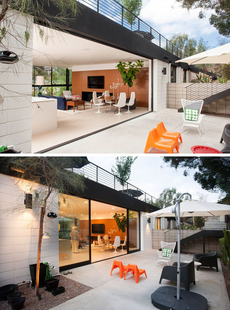 This Californian home has space for an outdoor area with a sun umbrella and relaxing seating.