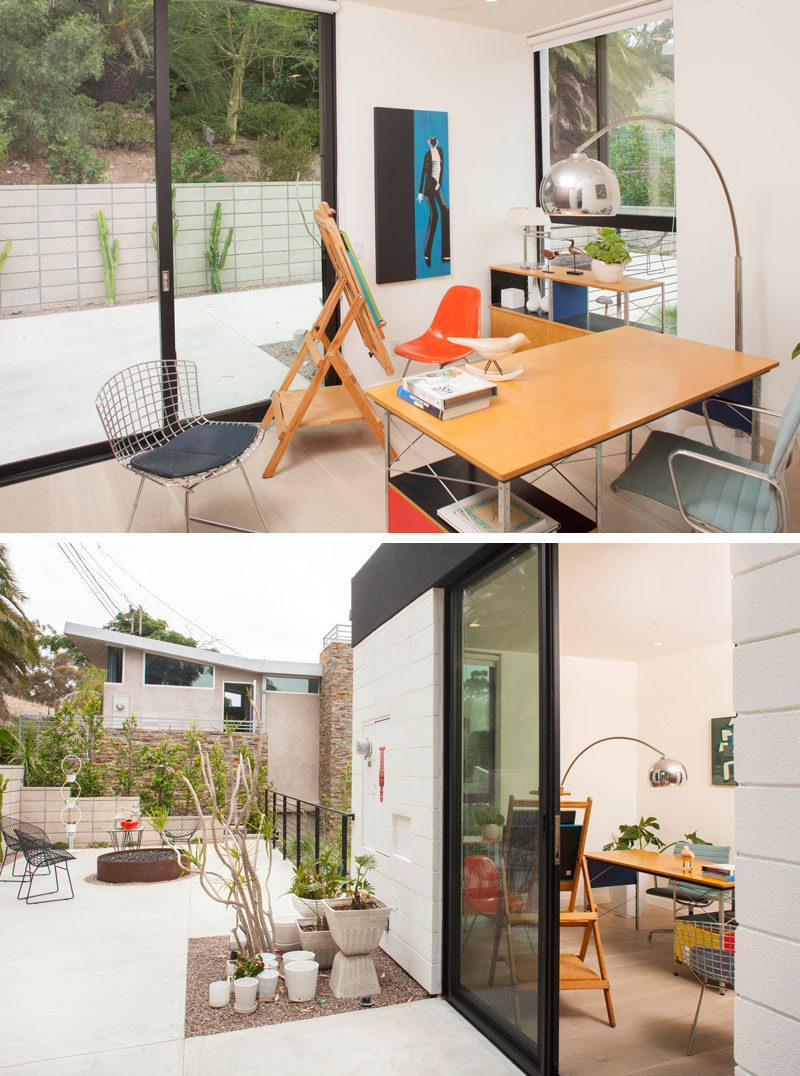 This home office has direct access to outdoor space.