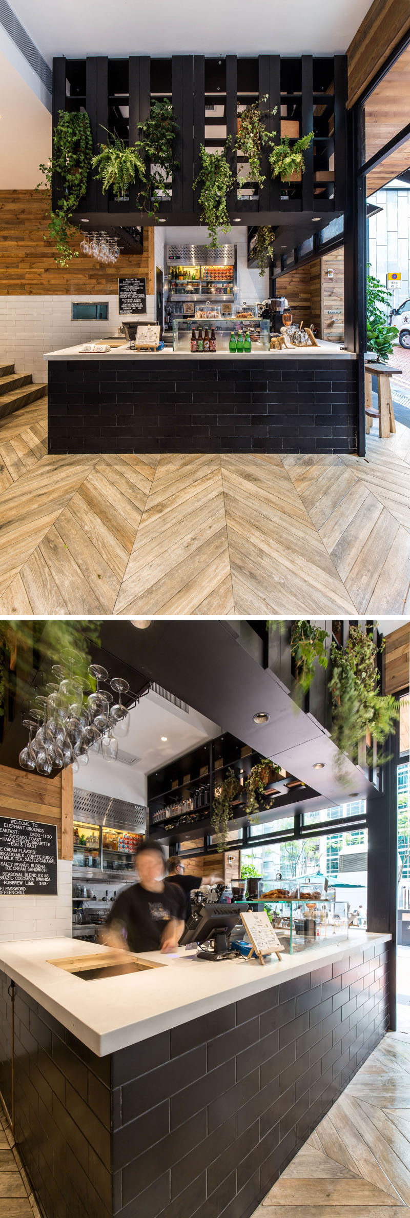 Inside, the black service area and window frames contrast the wood and white details used throughout the cafe.