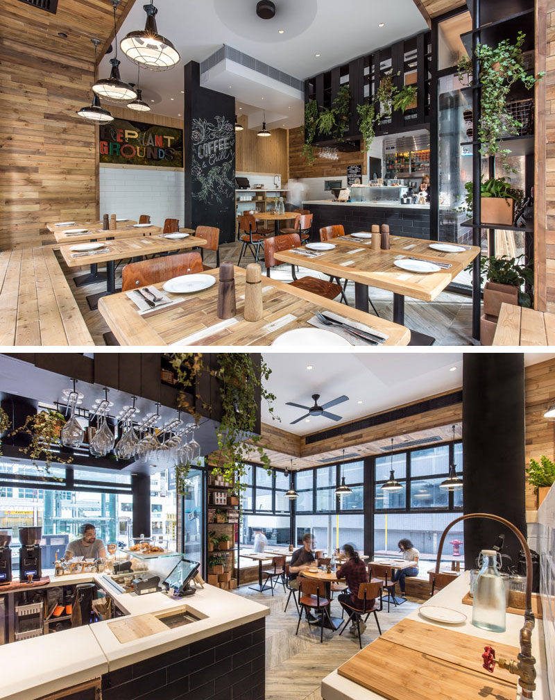 Inside, the black service area, chalkboard wall and window frames, contrast the wood and white details used throughout the cafe.