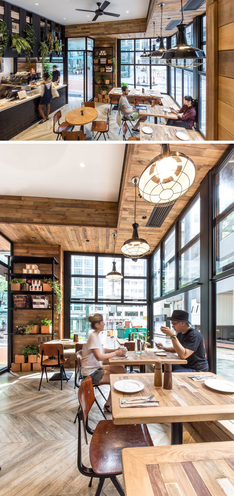 Built-in seating is combined with tables and chairs to maximize the seating options in this cafe.