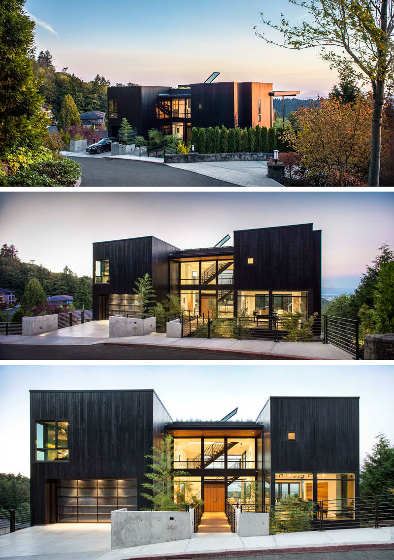 This home, located on a steep lot in Portland, Oregon, with views towards Mt. St. Helens and Mt. Rainier, has been designed for a family that loves music.