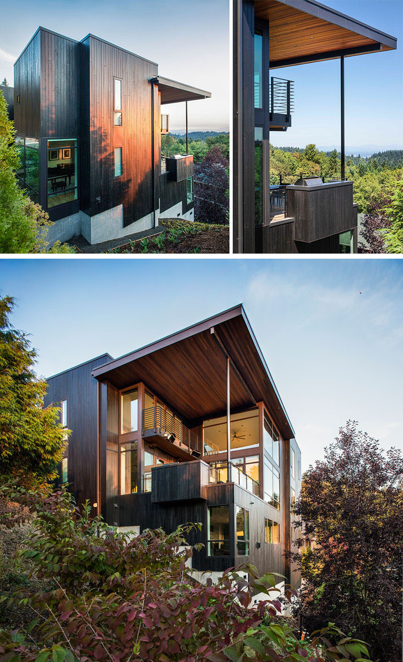 The exterior of the home is clad in black stained siding, reminiscent of Shou Sugi Ban or charred wood, which pays homage to the family's Japanese ancestry. 