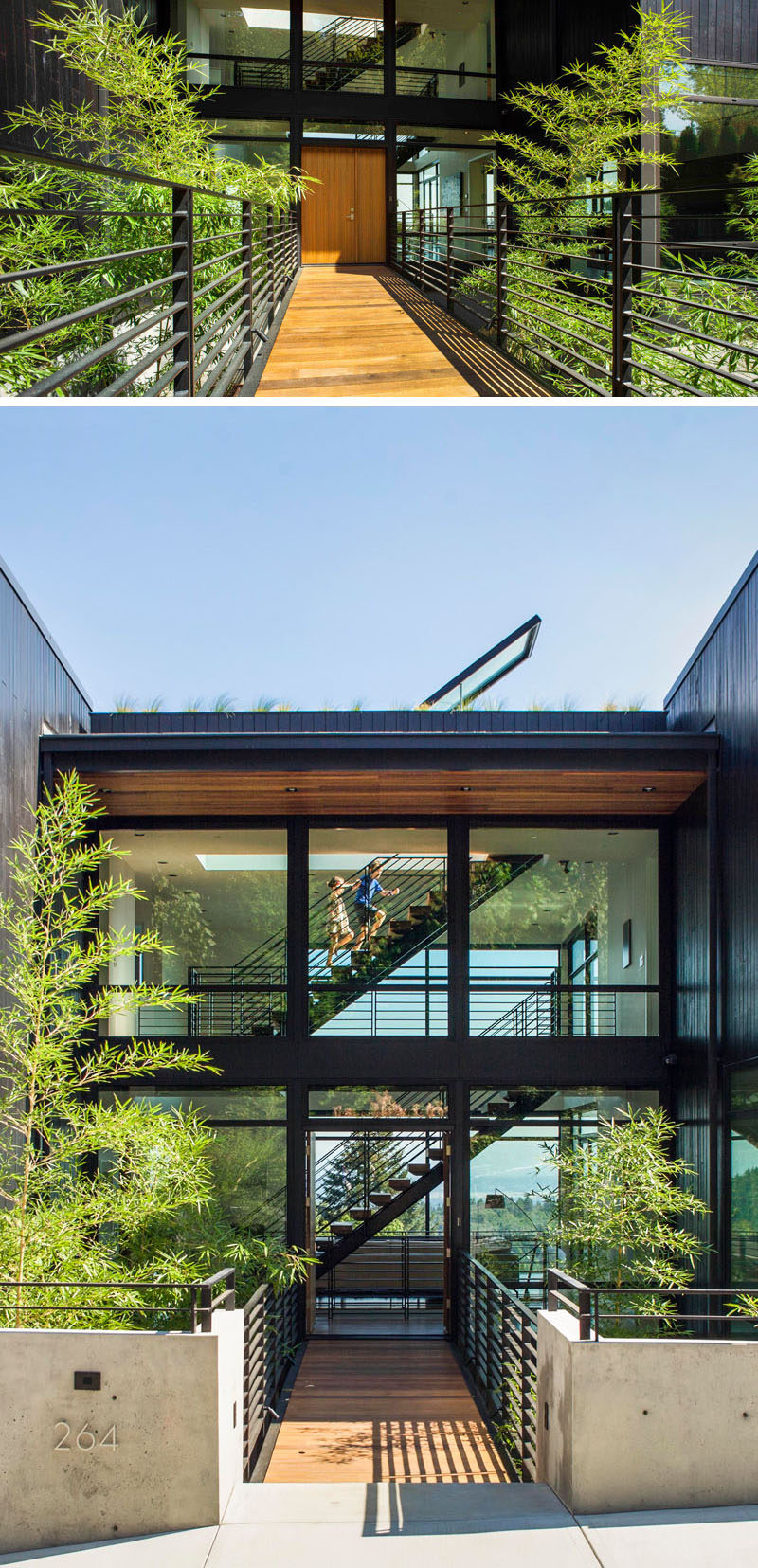 To enter this home, you must pass over a bridge, with a bamboo forest below, that leads from the sidewalk to the main entry. 