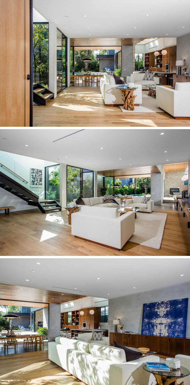 The floor plan of this Californian home is open, with the dining, living room, kitchen and library, all sharing the space.