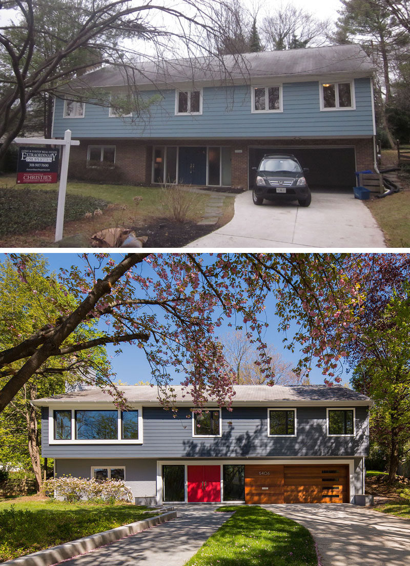 BEFORE & AFTER - This home’s curb appeal was updated by installing a new entry door and sidelights. New windows were added, including an enlarged opening for the second-floor living room. The old walkway was replaced with a wider path that is separate from the driveway, and is accessible from the street instead of having to come up the driveway.