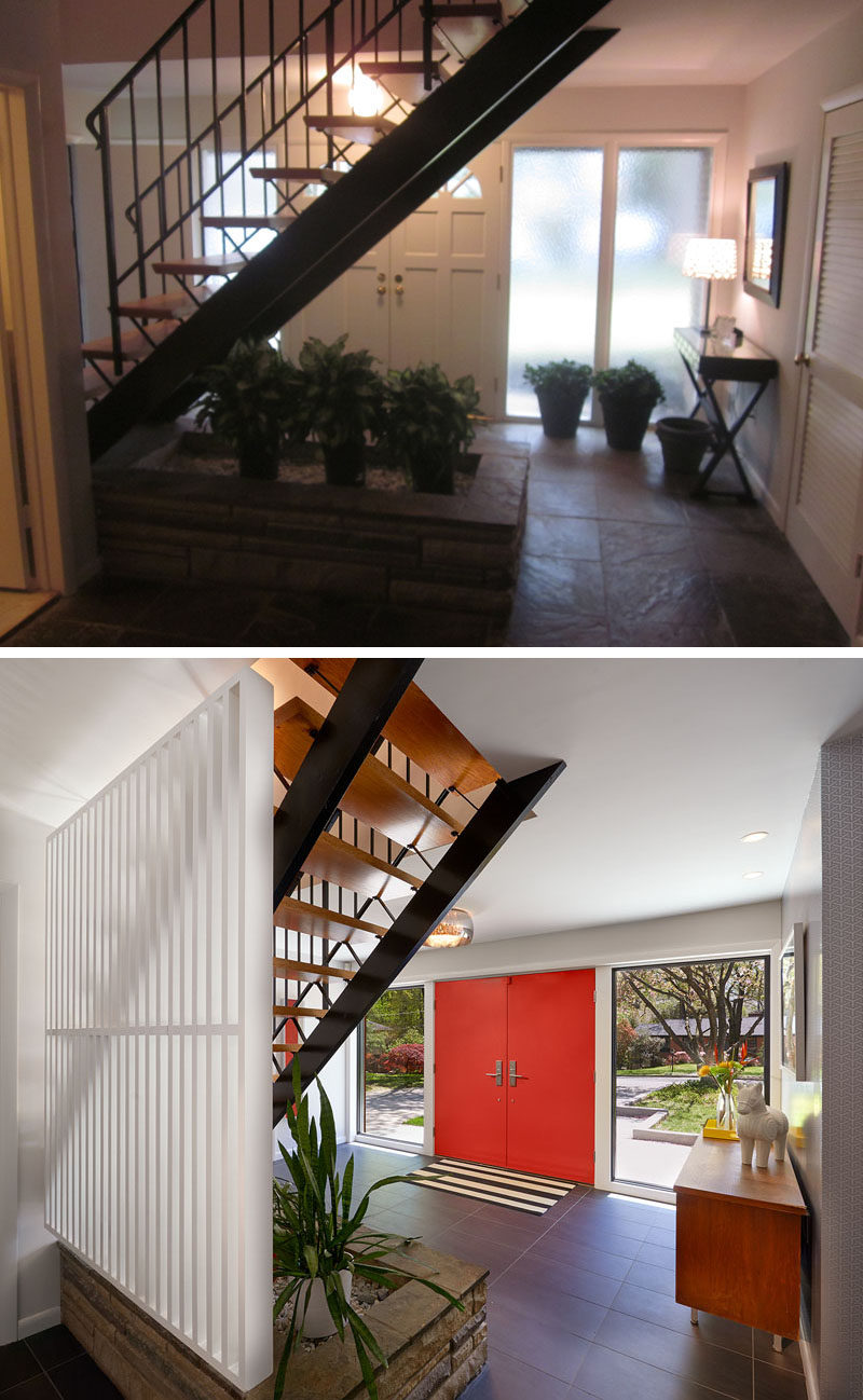 BEFORE & AFTER - The designers left the staircase and fieldstone planter in their original condition, but added a painted wood screen to separate the stairs from the lower-level. Pushing out the entry door gave the foyer a bit more space, and new porcelain tile flooring updated the look.